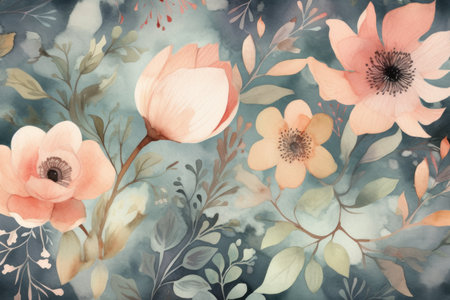 Watercolor floral background with flowers and leaves. Hand painted illustration.の素材