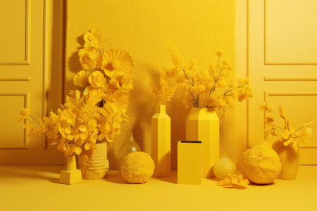 Yellow interior with flowers. Minimal concept. 3D render.の素材