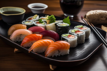 Sushi set on a black plate with chopsticks and soy sauceの素材