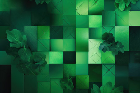 Green abstract background with flowers and geometric shapes. 3D illustration.の素材