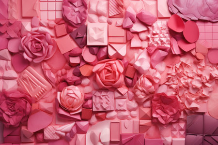 Abstract background of pink and pink paper origami roses and hearts.の素材