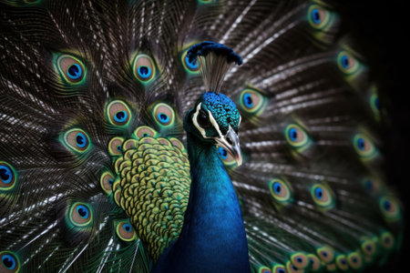 Portrait of beautiful peacock with feathers out, close-upの素材