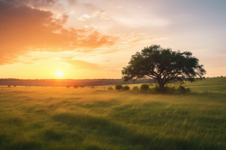 Lonely tree in the field at sunset. Beautiful landscape.の素材