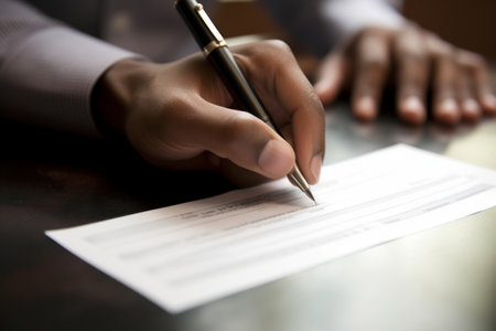 Close-up of a businesswoman's hand signing a contract.の素材