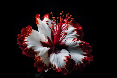 Red and white hibiscus flower isolated on black background.の素材