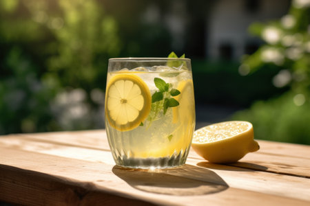Glass of lemonade with fresh lemon and mint on wooden table outdoorsの素材