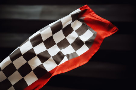 Checkered flag on a black background. Horizontal photo.の素材