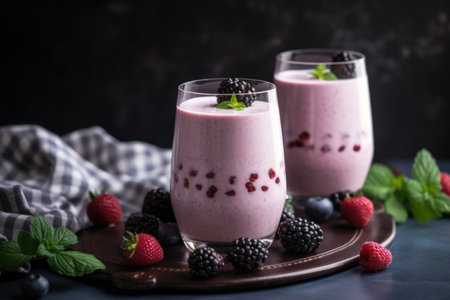 Healthy blackberry and raspberry smoothie in glasses on dark backgroundの素材