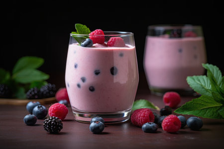 Blackberry and blueberry yogurt with fresh berries on wooden background.の素材