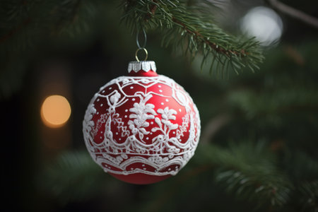 Red Christmas ball hanging on a spruce branch with bokeh backgroundの素材