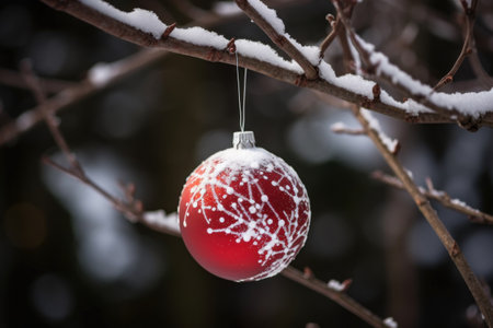 Red christmas ball hanging on tree branch covered with snow in winterの素材