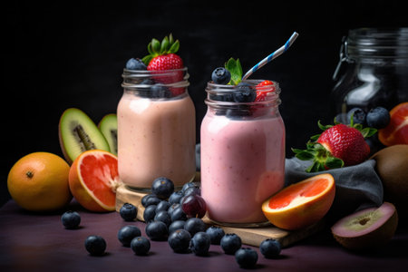 Smoothie with blueberries, strawberries and kiwi in glass jars on a black background.の素材