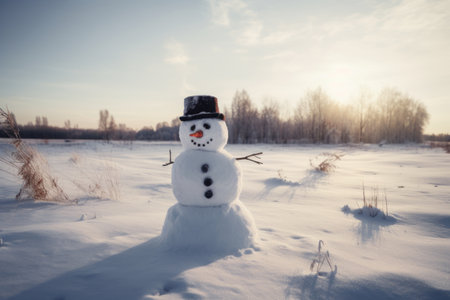 Snowman in a hat and scarf on the background of winter landscapeの素材