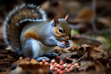 Squirrel eating acorn in the autumn forest, close-upの素材