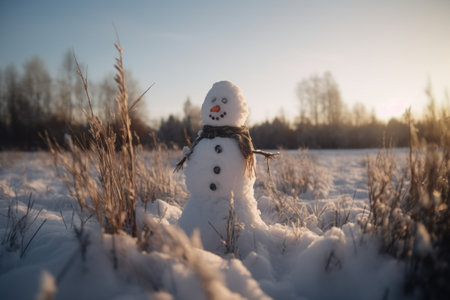 Snowman on the meadow at sunset. Beautiful winter landscape.の素材