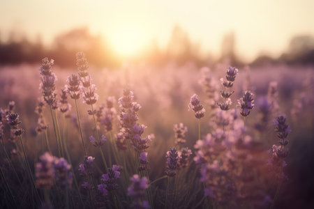 Lavender flowers in the field at sunset, vintage tone.の素材