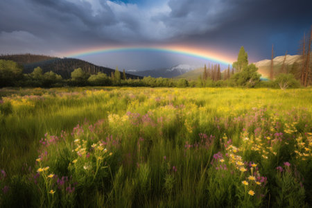 Rainbow over a meadow with wildflowers and mountains in the backgroundの素材