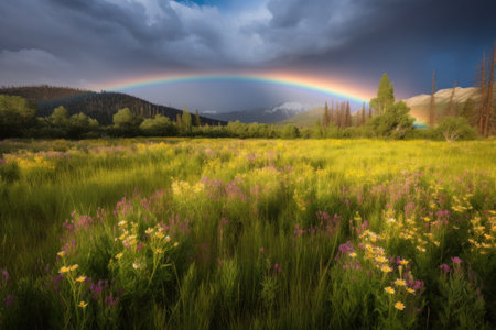 Rainbow over a meadow with wildflowers and mountains in the background