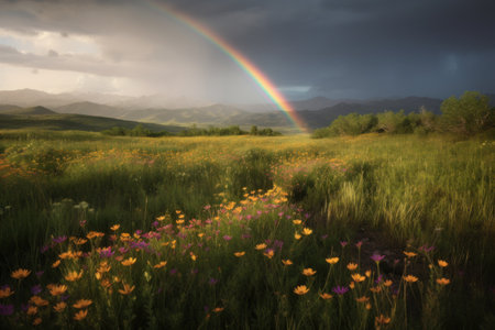 Rainbow over a meadow with colorful flowers and mountains in the backgroundの素材