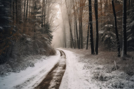 Snowy winter road in forest with trees and fog - retro vintage effectの素材