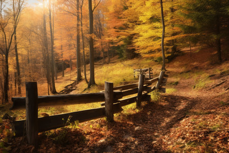 Wooden fence in the autumn forest. Beautiful landscape with wooden fence.の素材