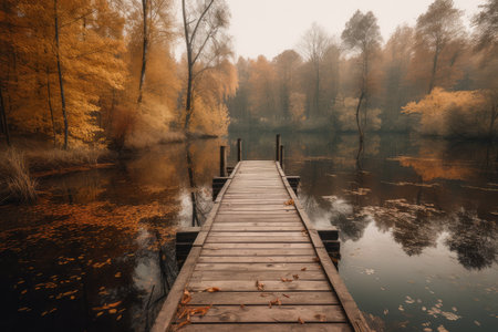 Autumn landscape. Wooden pier on the lake in the forest.の素材
