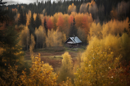 Autumn landscape with colorful forest and wooden house in the mountains.の素材