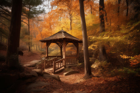 Wooden gazebo in the autumn forest. Nature backgroundの素材
