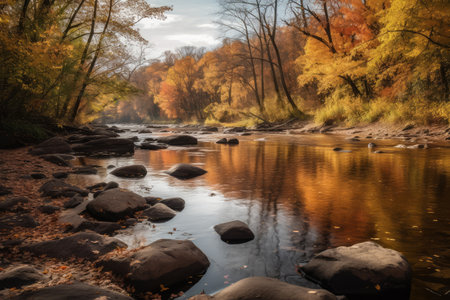Autumn landscape with river and colorful trees in the forest. HDR imageの素材