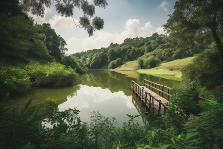 Pond in the park with wooden bridge and green trees, vintageの素材