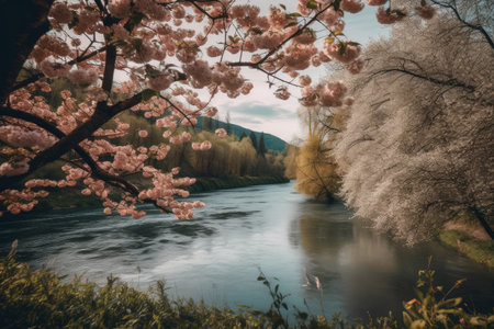 Cherry blossoms in full bloom on the bank of a riverの素材