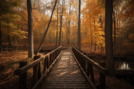 Wooden bridge in the autumn forest with fallen leaves and trees.の素材