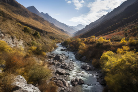 Autumn landscape with a river in the mountains. Caucasus, Russia.の素材