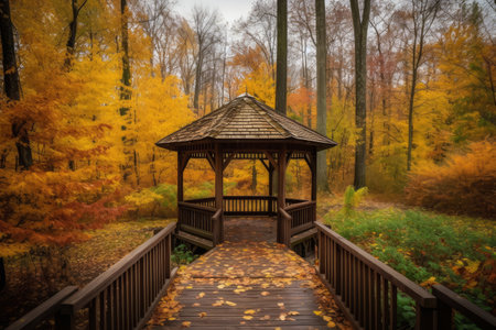 Wooden gazebo in the autumn forest. Nature backgroundの素材