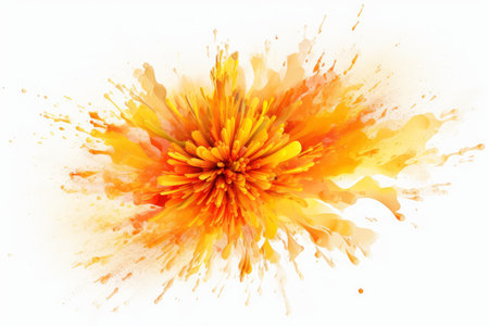 yellow flower with orange paint splash isolated on white background. 3d illustrationの素材