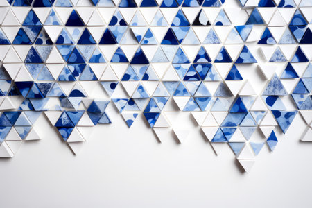 Abstract background with blue and white mosaic triangles on a white background.の素材