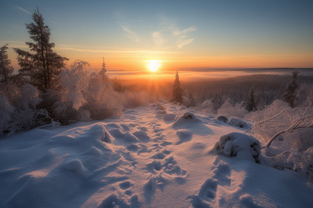 Beautiful winter landscape with snow covered trees. Sunset over the forest.の素材