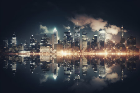 New York City skyline reflected in water. Toned image double exposureの素材