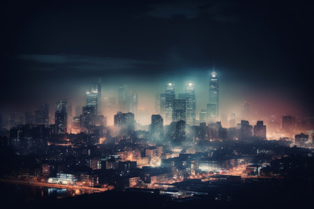 Night view of modern skyscrapers in the fog. Mixed mediaの素材