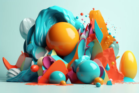 3d render of abstract background with colorful geometric shapes and balls.の素材