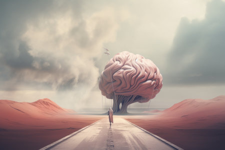 Man standing on the road leading to the brain. This is a 3d render illustrationの素材