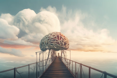 Conceptual image of a human brain on a wooden bridge over the sea.の素材