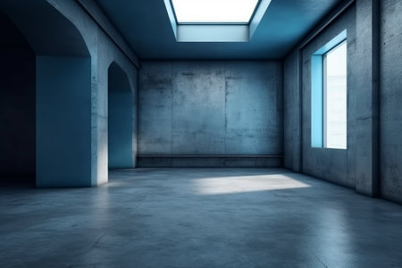 Empty concrete room with blue wall and window. 3D Renderingの素材