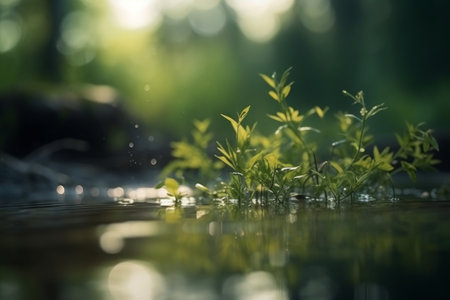 Small plant growing in the water with green bokeh background.の素材