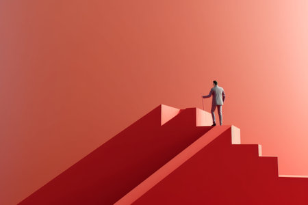 Businessman standing on the top of a red staircase. Concept of successの素材