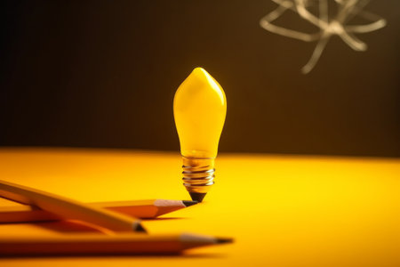Yellow light bulb and pencils on a yellow background. Creative conceptの素材