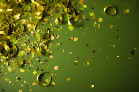 Green background with gold confetti and ribbons. 3d renderingの素材