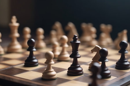 Wooden chess pieces on a chessboard. Selective focus.の素材