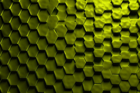 3d rendering of abstract metallic background with hexagons in yellow colorの素材