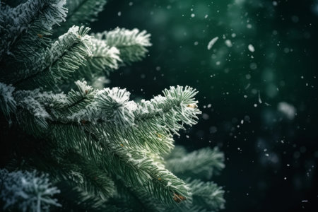 Fir branches covered with hoarfrost on a dark background. Christmas backgroundの素材